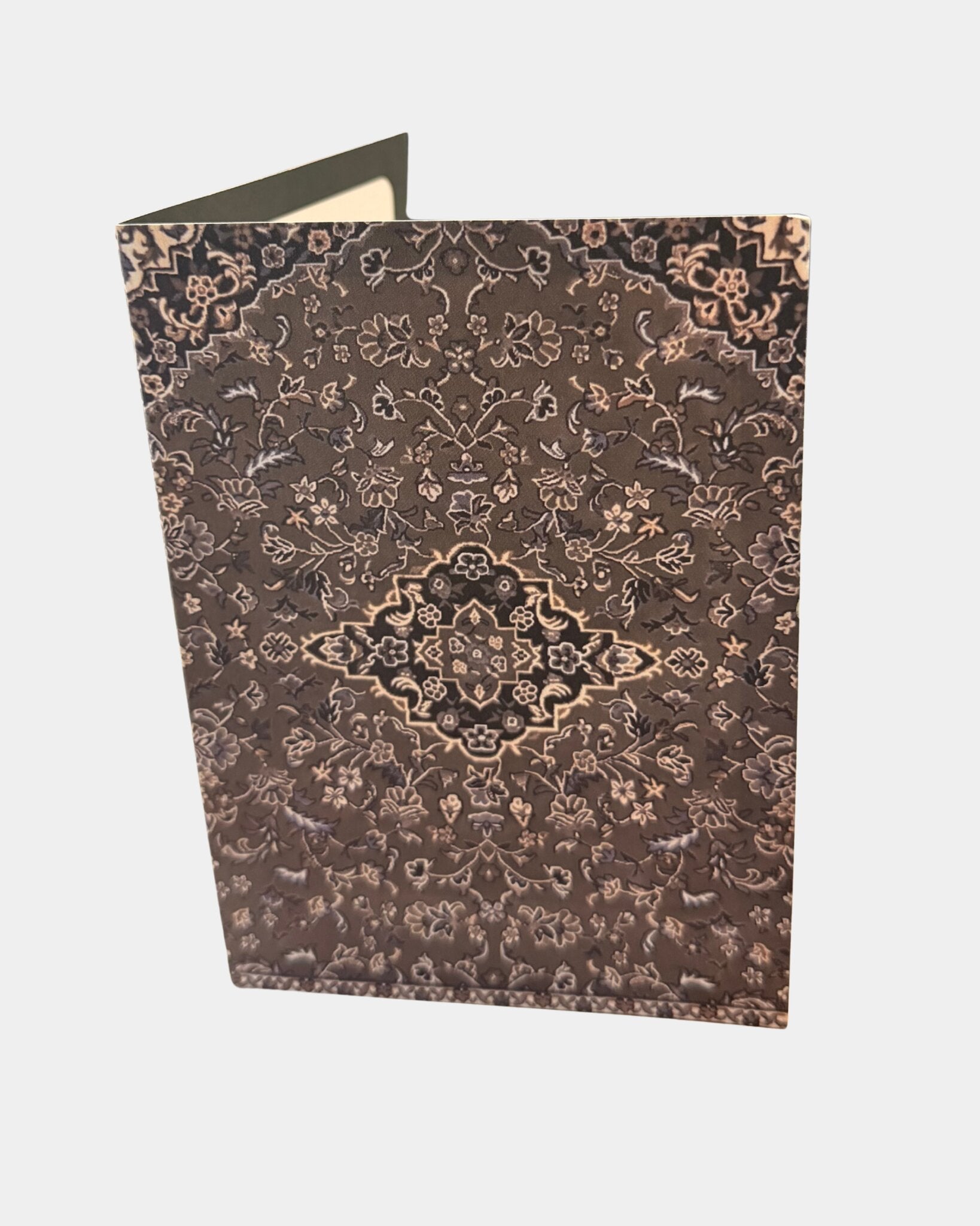Carte de message à motif d'arabesques florales beige et taupe, intérieur vierge