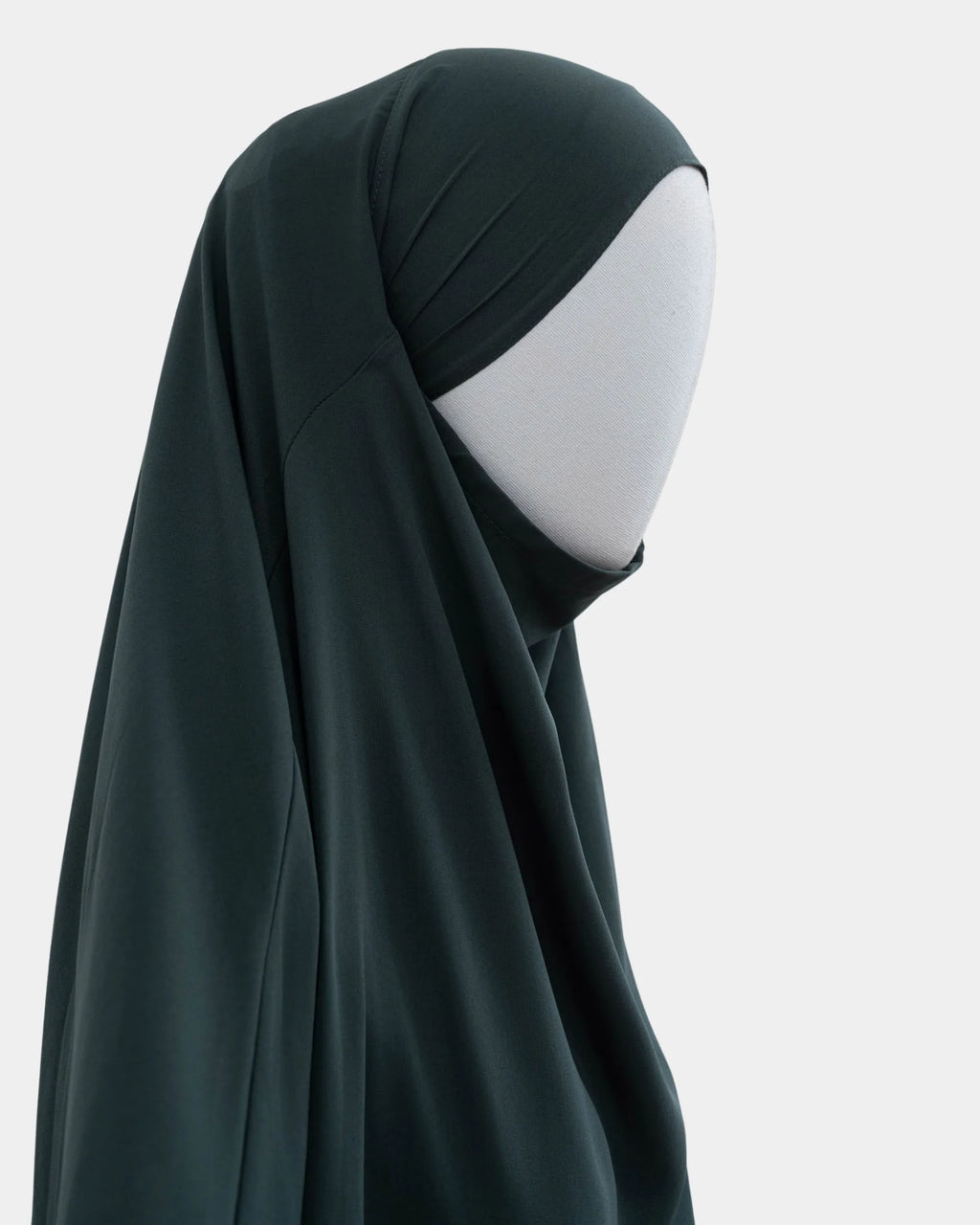 Jilbab 1 pièce vert kaki vu de profil, capuche couvrante et large tombé