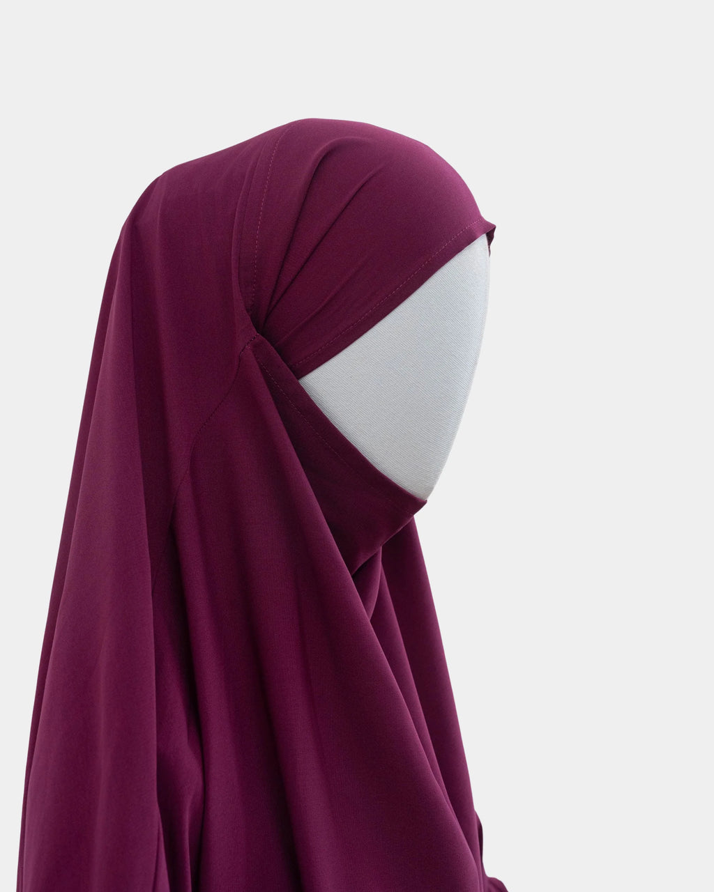 Capuche du jilbab 2 pièces fuchsia vue de profil, tombé couvrant sur l'épaule