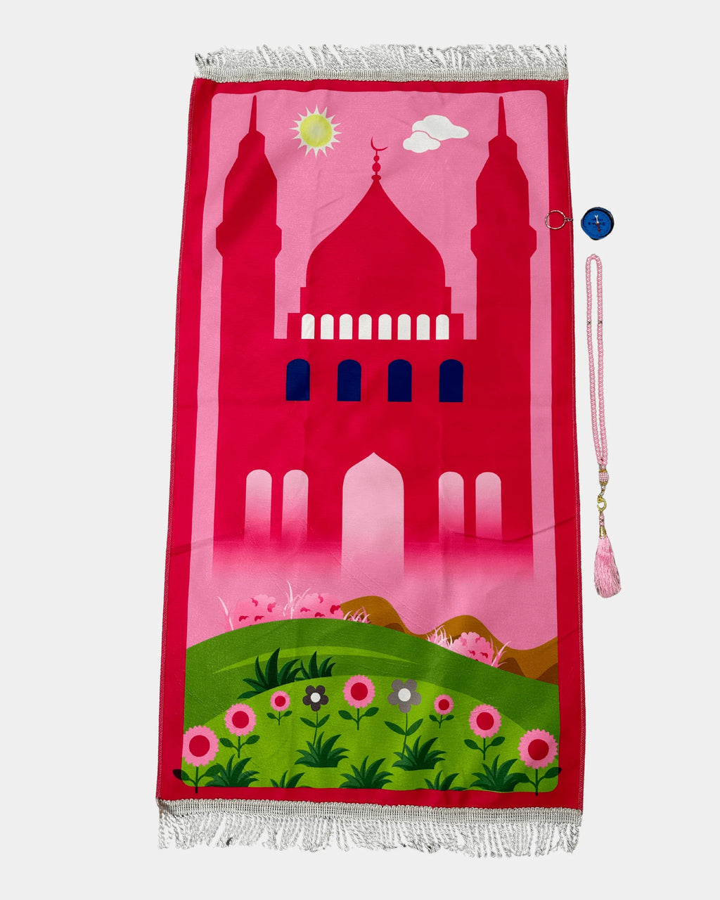 Tapis de prière enfant rose motif mosquée, avec boussole qibla et tasbih
