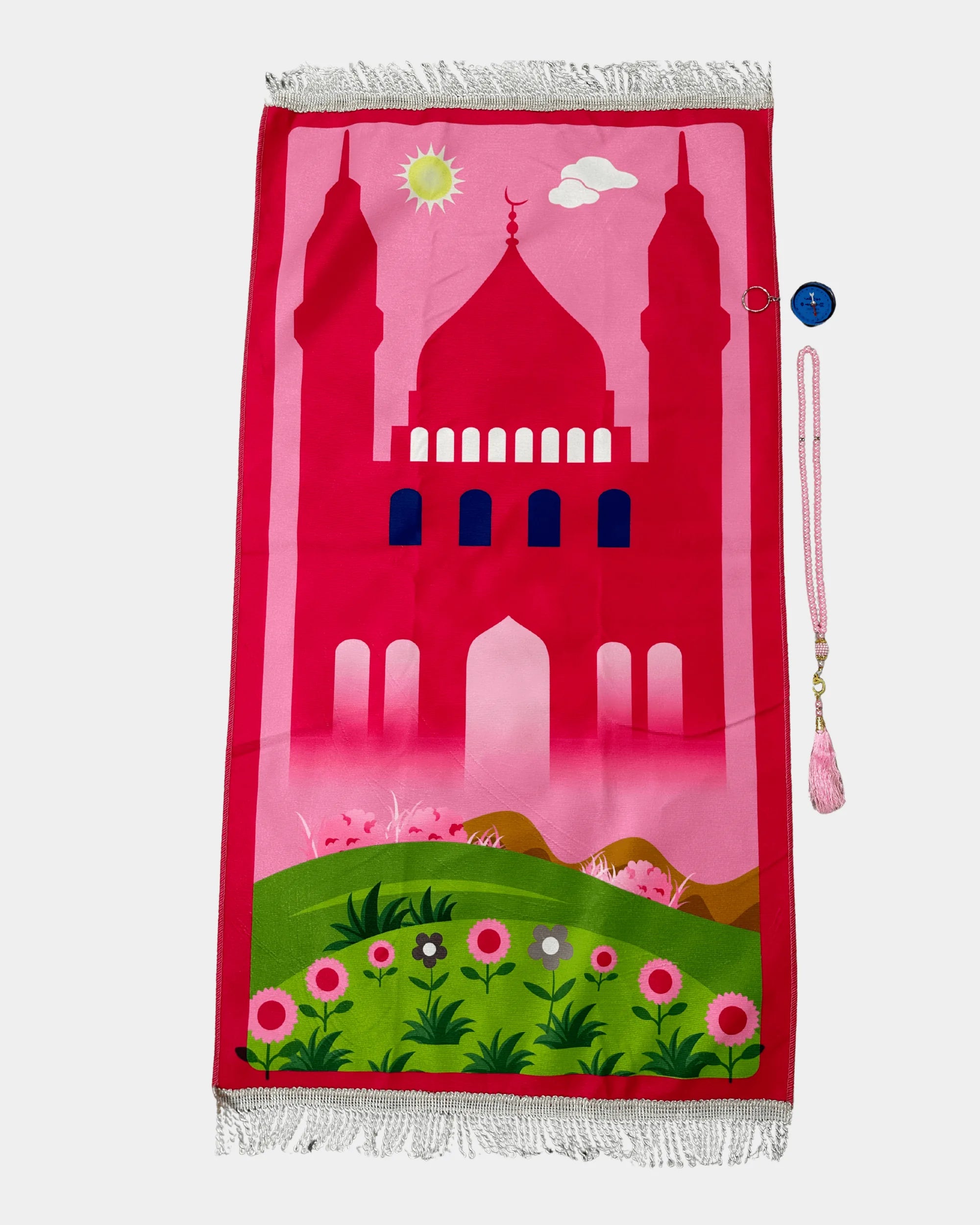 Tapis de prière enfant rose motif mosquée, avec boussole qibla et tasbih